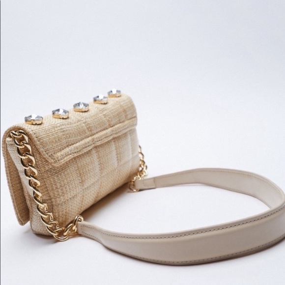Zara cream wicker jewel embellished quilted crossbody bag - Picture 5 of 11